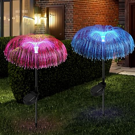 Solar Flower Lights Outdoor Garden Decorative, Waterproof Solar LED Optical Fiber Jellyfish Lights for Patio, Yard, Walkway, Deck, Pathway, Lawn, Holiday Decor 7 Color Changing (2Pack)