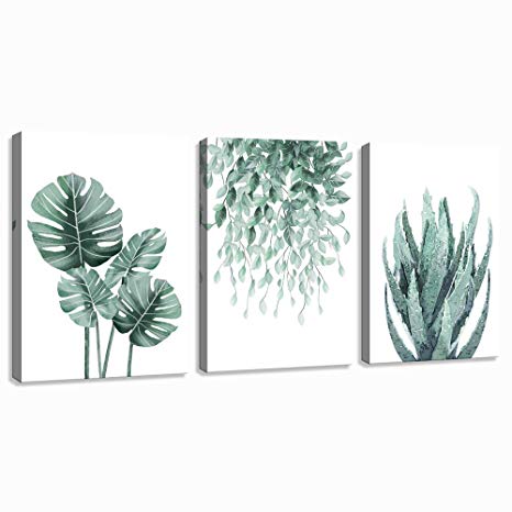 Green Canvas Wall Art for Living Room Bedroom, Monstera Shallow Green Leaf Tropical Succulent Plant Picture Canvas Prints,Modern Framed Minimalist Water Color Set of 3 Piece 12" X 16"