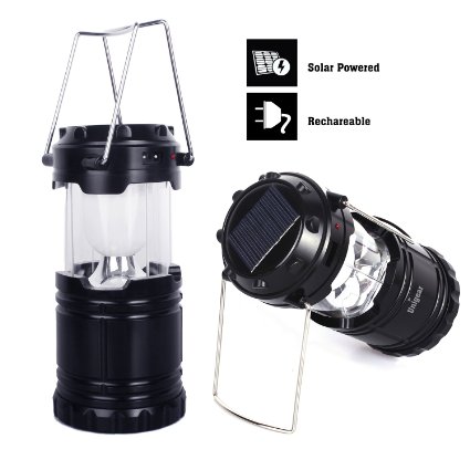 Camping Lantern Solar Rechargeable LED Camp Light Flashlight Lamp Battery Powered for Camping Hiking Fishing Backpacking Emergency Charging for Android Cellphone - Black