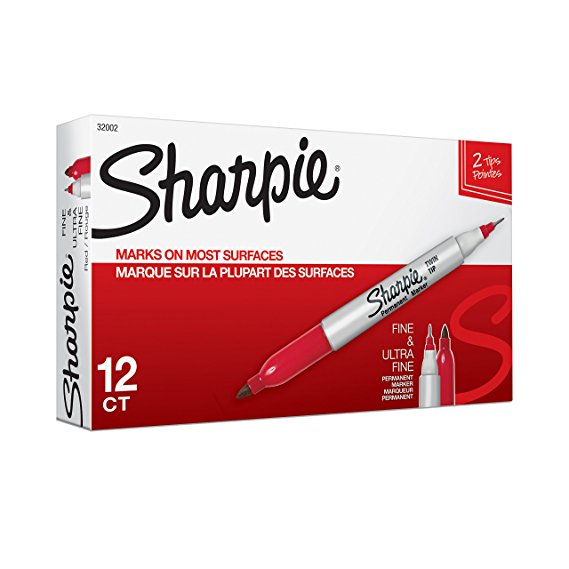 Sharpie 32002 Twin Tip Fine Point and Ultra Fine Point Permanent Marker, Red, 12-Pack