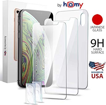 Homy Tempered Glass Screen Protector Kit for iPhone X XS 5.8 inch: 2X Front and 1x Back Ballistic Japanese Glass   2X Camera Lens Protector. HD Clear Cover, Anti Fingerprint, Case Friendly Protection