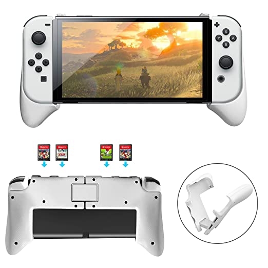 Switch OLED Grip, AKNES Switch OLED Console Folding Handle Grips Case with 4 Game Cards Store Slot, Comfort Ergonomic Handle Case for N-Switch OLED Model(2021) White