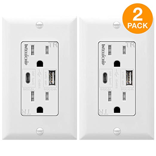 TOPGREENER 5.8A Ultra High Speed USB Type-C/A Combo Outlet, 15A Tamper-Resistant Receptacle, Compatible with iPhone XS/MAX/XR/X, Samsung Note S9/S8/S7 & other smartphones, TU21558AC-2PCS, White 2 Pack