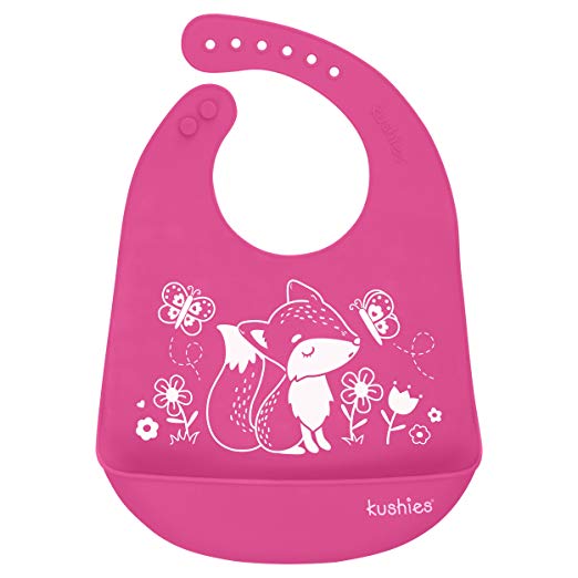 Kushies Silicatch Super Soft Silicone Waterproof Feeding Bib with Catch All/Crumb Catcher, Candy Pink, 6m