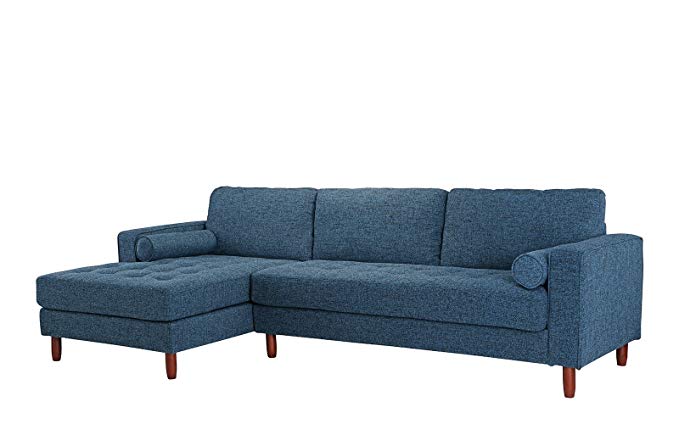 Divano Roma Furniture Mid-Century Modern Tufted Fabric Sectional Sofa, L-Shape Couch with Extra Wide Chaise Lounge (Dark Blue)