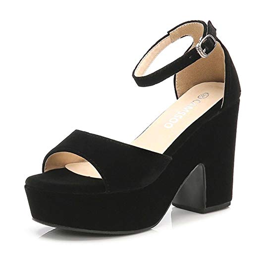 CAMSSOO Women's Solid Color Open Toe Ankle Strap High Heels Wedge Sandals Block Heel Plarform Shoes