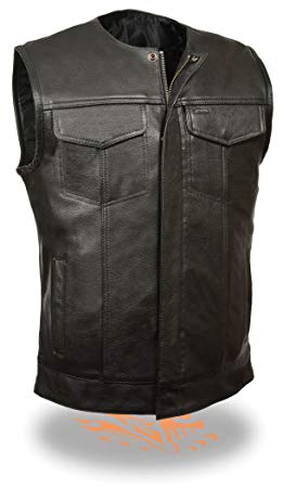 SOA Men's Basic Leather Motorcycle Vest Zipper & Snap Closure w/2 Inside Gun Pockets & Single Panel Back (Large, Collarless)