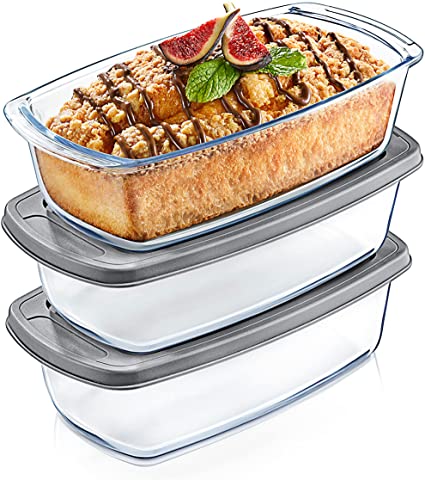 NutriChef 3 Sets Loaf Pan - 62.07oz Stackable Superior Premium Glass Meal-prep Food Container w/ Airtight Locking Lid, BPA-Free Leakproof, Freezer-to-Oven-Safe, For Bread, Cake & Pastries