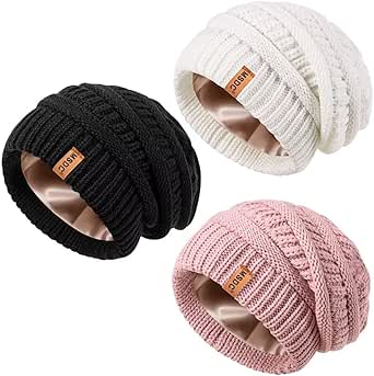 3 Pack Satin Lined Beanie for Women, Warm Slouchy Winter Hats with Silk Lined, Fashionable Oversized Cable Knit Hat Skull Cap