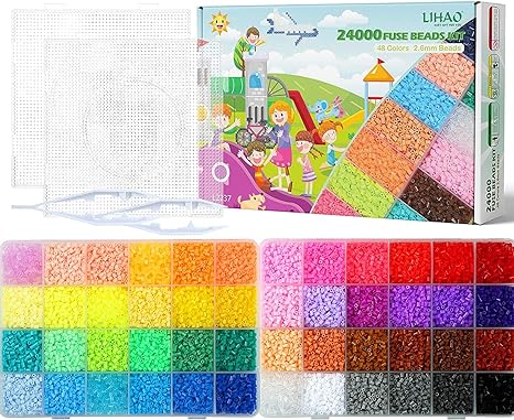 LIHAO 24000 PCS Fuse Beads 2.6mm Fuse Beads Kits 48 Color Iron Beads Set with 2 Pegboards 2 Tweezers 2 Ironing Papersfor DIY Craft Making