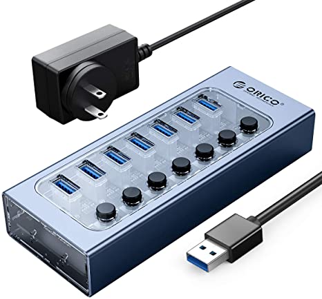 ORICO Aluminum Powered USB Hub, 7 Ports 24W USB 3.0 Data Hub with Individual On/Off Switches and 12V/2A Power Adapter for Desktop Computer, PC, iMac, Mobile HDD, Flash Drive, Phone, iPad Charging-AT2U3-7AB