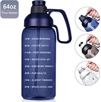 Opard Half gallon Water Bottle with Time Marker, 64oz Motivational Water Jug Sports Water Bottle with Straw Handle BPA Free for Gym Fitness