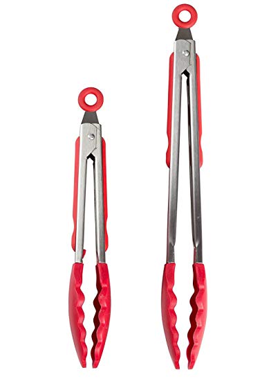 Crtch Kitchen Tongs for Cooking, Salad, Grilling, Barbecue with Silicone Tips- Heat Resistant, Durable, Locking Metal Tongs Stainless Steel (Red Tips)