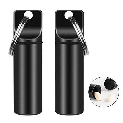 2 Pack Small Pocket Pill Box Keychain, Portable Mini Aluminium Alloy Pill Organizer Case Container for Purse, Waterproof Metal Pill Holder Medicine Bottle for Outdoor Camping Travel(Black)