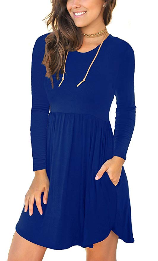 VIISHOW Women's Long sleeve Loose Plain Dresses Casual Short Dresses with Pockets