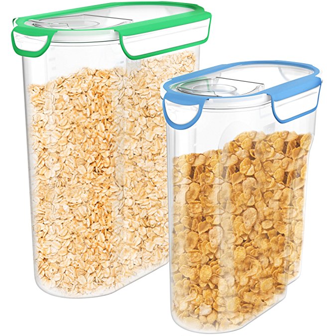 Vremi Plastic Cereal Containers Storage Set with Lids - 2 Pack BPA Free 3L and 5 Liter Dry Food Container Set with Pour Spout and Airtight Silicone Seal Holds 12 or 21 Cups of Snacks Pasta or Pet Food