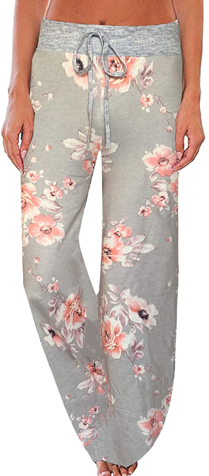 NEWCOSPLAY Women's Comfy Pajama Pants Stretch Drawstring Palazzo Lounge Wide Leg Pants
