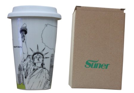 Suner 12-ounce Double-wall Ceramic Coffee Cup, eco cup (Statue of Liberty)
