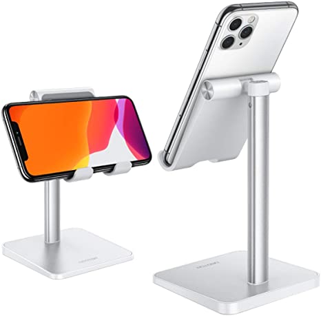 Cell Phone Stand, OMOTON Adjustable Phone Stand, Upgraded Height Increasing Desk Phone Holder for iPhone SE 2/11/ 11 Pro/XS Max, Samsung Galaxy S20/ S10 and Other Phones (3.5-7.0-Inch), Silver