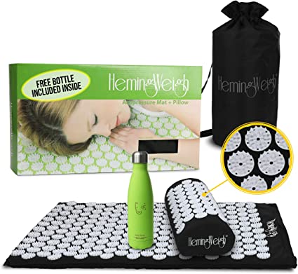 HemingWeigh Complete Acupressure Mat and Pillow Set (Black) for Pain Relief, Stress Relief, Muscle Relaxation and Overall Well-Being | Free Travel Bag & Water Bottle