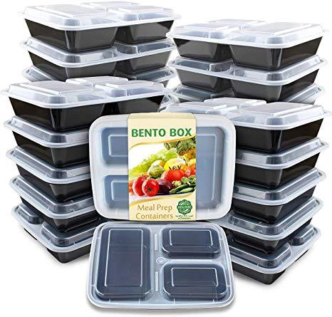 Enther Meal Prep Containers [20 Pack] 3 Compartment with Lids, Food Storage Bento Box | BPA Free | Stackable | Reusable Lunch Boxes, Microwave/Dishwasher/Freezer Safe,Portion Control (36 oz)