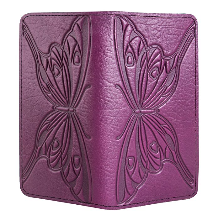 Oberon Design Butterfly Embossed Genuine Leather Checkbook Cover | 3.5x6.5 Inches | Orchid