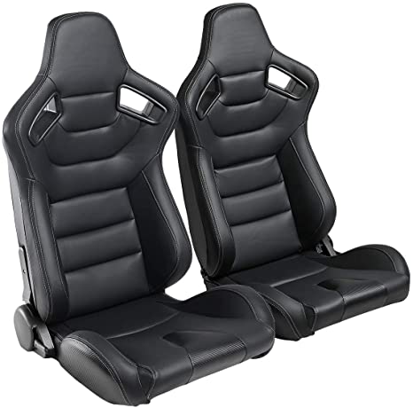 2PCS Universal PVC Leather Racing Seats, Reclinable Bucket Seat Come with Two Adjustable Slider, Mounting Brackets are NOT Include (Black & White Stitching)