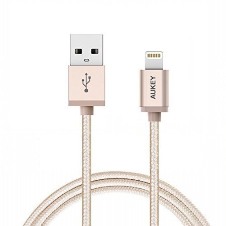 Apple MFI Certified Aukey 12m  395ft Nylon Braided Lightning to USB Cable Charging Cable 8 Pin Sync and Charging Cord for iPhone 6S 6S Plus iPad Pro and iPod Gold