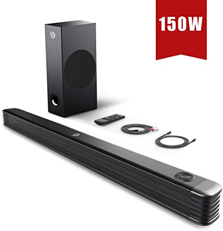 BOMAKER Sound Bar, 150W Soundbar with Wireless Subwoofer, 2.1 Channel Sound Bar for TV, 34 Inch Wired & Wireless Bluetooth 5.0, Enhanced Bass Adjustment, Optical/Coaxial/Aux/USB (Upgraded 150W)