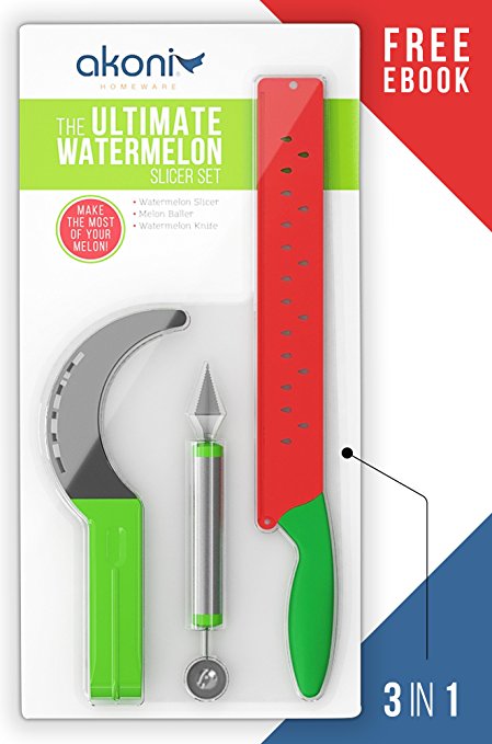Three-piece Watermelon Slicer And Server Set including Huge Knife And Portion Cutter Plus Baller And Sculptor For Tasty & Attractive Watermelons - Free eBook Guide