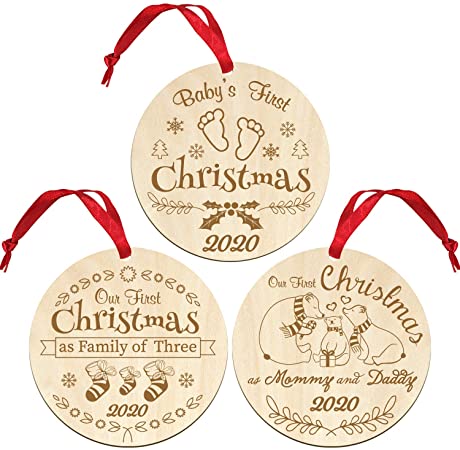 Baby's First Christmas 2020 Ornaments First Christmas as Daddy and Mommy and First Christmas of Family Christmas Wooden Ornaments Set of 3 (Baby and Family 2020)