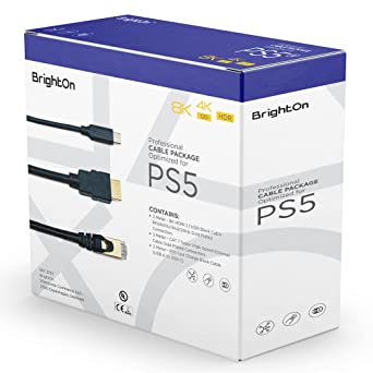 BrightOn Optimized Cable Package Compatible with PS5 | 8K HDMI 2.1 HDR Black Cable 8K@60Hz/4K@120Hz | CAT 7 Super High Speed Ethernet Cable | Fast Charge Black Cable (USB A to USB C) (2 Meter Cables)