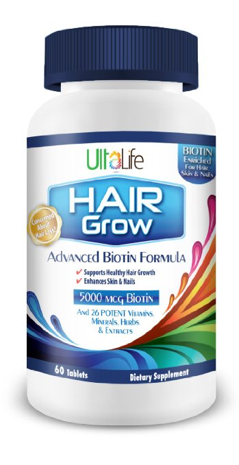 UltaLife Hair Grow -- #1 Best Vitamins for Hair Growth with Biotin 5000 mcg -- Advanced Biotin Hair Loss Product Works For Women And Men -- Plus 26 Potent Vitamins, Minerals & Herbs Essential For Healthy Hair, Skin and Nails -- All Natural Supplement -- IT WORKS or Your Money Back Guarantee -- Buy 2, Get FREE Shipping