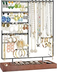 ProCase Jewelry Organizer Stand Earring Holder Organizer, 6 Tiers Earring Organizer Tree Necklace Rack Jewellery Tower Bracelets Holder Storage with Removable Wooden Ring Tray for Women Girls -Brown