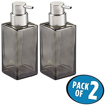 mDesign Foaming Soap Glass Dispenser Pump Bottle for Bathroom Vanities or Kitchen Sink, Countertops - Pack of 2, Square, Smoke/Brushed