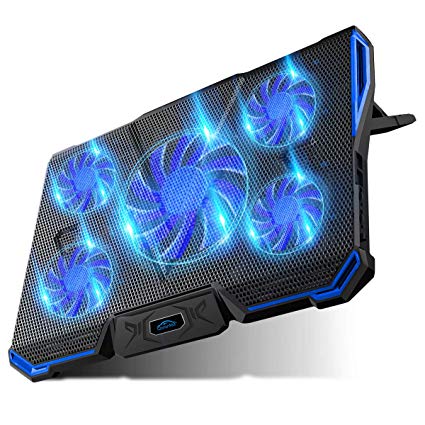 Carantee Laptop Cooling Pad 5 Quite Fans Notebook Cooler Pad USB Powered, 7 Level Adjustable Mount Stands, Blue LED Light
