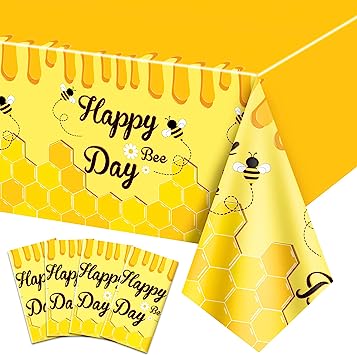 Bee Tablecloth, 4 Pcs Happy Bee Day Tablecloths Rectangle Honey Bees Bumble Table Cover Yellow Tablecloth for Bee Baby Shower Decorations Bee Birthday Party Decorations, 51 x 86 Inch