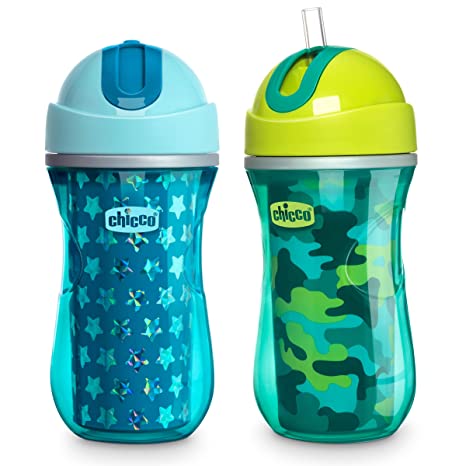 Chicco Insulated Flip-Top Straw Spill Free Baby Sippy Cup, 12 Months , Green/Teal, 9 Ounce (Pack of 2)