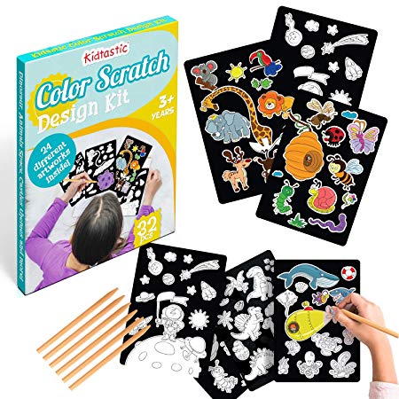 Kidtastic Scratch Art 24 Original Full Color Illustrations - 30 Piece Rainbow Scratch Pads which Dinosaur, Animals & Castle Designs, Birthday Gifts for Girls Ages 3 and Up