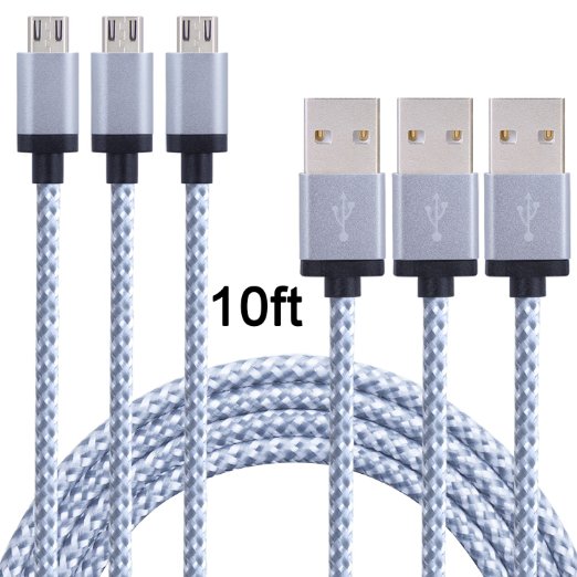 Cozify 3pack 10FT Extra Long Charging Cable High Speed USB 2.0 A Male to Micro B Syncing and Charging Cord Wire Universal for Samsung, HTC, Motorola, Nokia, Android Devices(White)