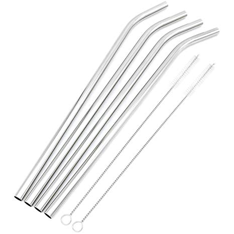 Big Drinking Straws Reusable 12" Extra Long 9mm Extra Wide SUS 304 Food-Grade 18/8 Stainless Steel - Set of 4 with 2 Cleaning Brushes - Bent