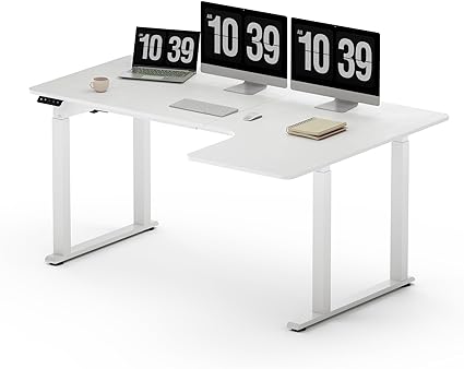 SANODESK L Shaped Standing Desk with Dual Motor 4-Leg Lift, Electric Height Adjustable Desk with Memory Presets for Home Office(63x43 Joint Boards,White)