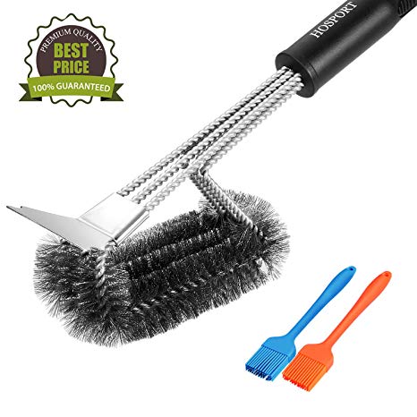HOSPORT Grill Brush and Scraper BBQ Brush with 2 Silicone Basting Brushes Safe 18" Long Stainless Steel Bristle Cleaner Brush for Weber Gas/Charcoal Grill, Gifts for Grill Wizard Grate Cleaner