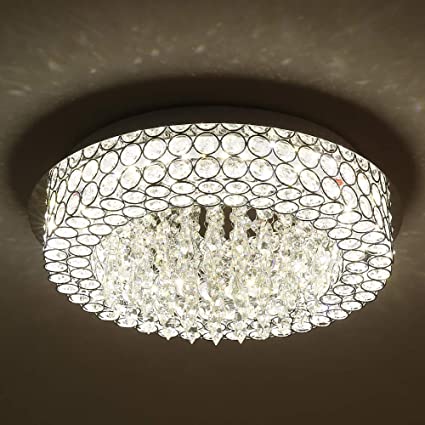 Horisun LED Ceiling Light Crystal Chandelier ETL Listed Dimmable Lighting Flush Mount with Modern Crystal Raindrop Pendant Lamp for Dining Room, Bathroom, Bedroom, Living Room, 4000K, 1980LM