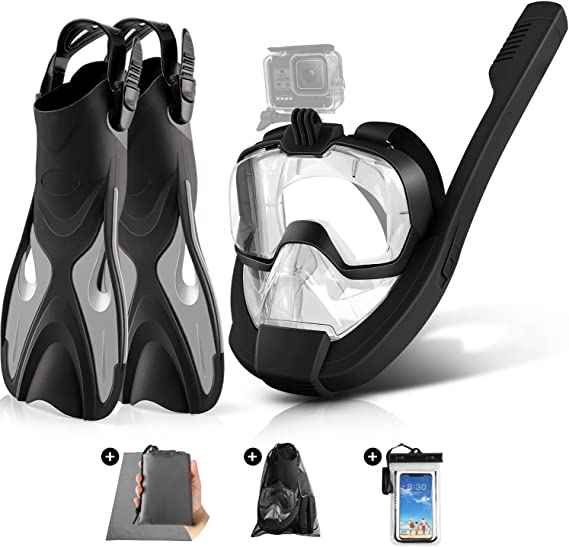 Odoland 5-in-1 Snorkel Set, Anti-Fog 180° Full Face Snorkel Mask with Sidemount Pipe, Adjustable Fins, Beach Blanket, Waterproof Case, Mesh Bag, Snorkel Packages Snorkeling Gear for Adults Men Women