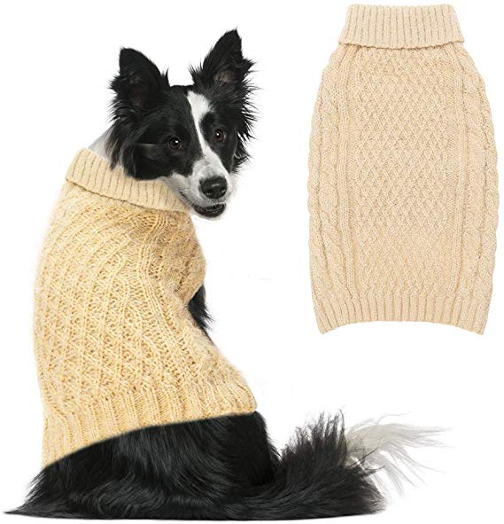 SCIROKKO Turtleneck Dog Sweater - Classic Cable Knit Winter Coat - Feather Yarn Glittered with Silver Wire - Keep Warm for Doggies Puppy