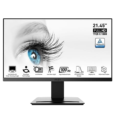 MSI PRO MP223 21.45 Inch Full HD Office Monitor - 1920 x 1080 VA Panel, 100 Hz, Eye-Friendly Screen, VESA Mountable, Display Kit Support, Tilt-Adjustable - HDMI 1.4b, D-Sub (VGA)