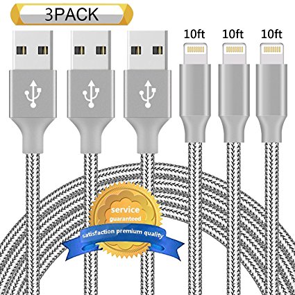 DANTENG Lightning Cable 3Pack 10FT Nylon Braided Certified iPhone Cable USB Cord Charging Charger for iPhone X, 8, 7, 7 Plus, 6, 6s, 6 , 5, 5c, 5s, iPad, iPod Nano, iPod Touch - Grey