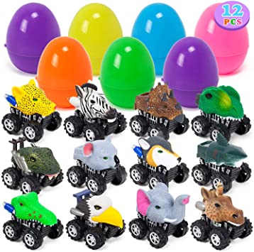 YIHONG 12 Pack Large Easter Eggs Prefilled with Animal Pull Back Cars, 3.8Inch Plastic Easter Eggs for Kids Easter Hunt, Basket Stuffers,Easter Party Favor