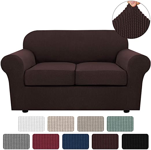 3 Piece Stretch Sofa Covers for 2 Cushion Couch Loveseat Covers for Living Furniture Slipcovers (Base Cover Plus 2 Seat Cushion Covers) Feature Upgraded Thicker Jacquard Fabric (Loveseat, Chocolate)